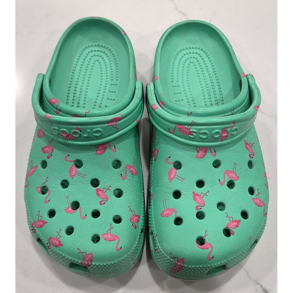 Crocs Classic Vacay Vibes Clogs Green with Flamingos Mens 6/Womens 8